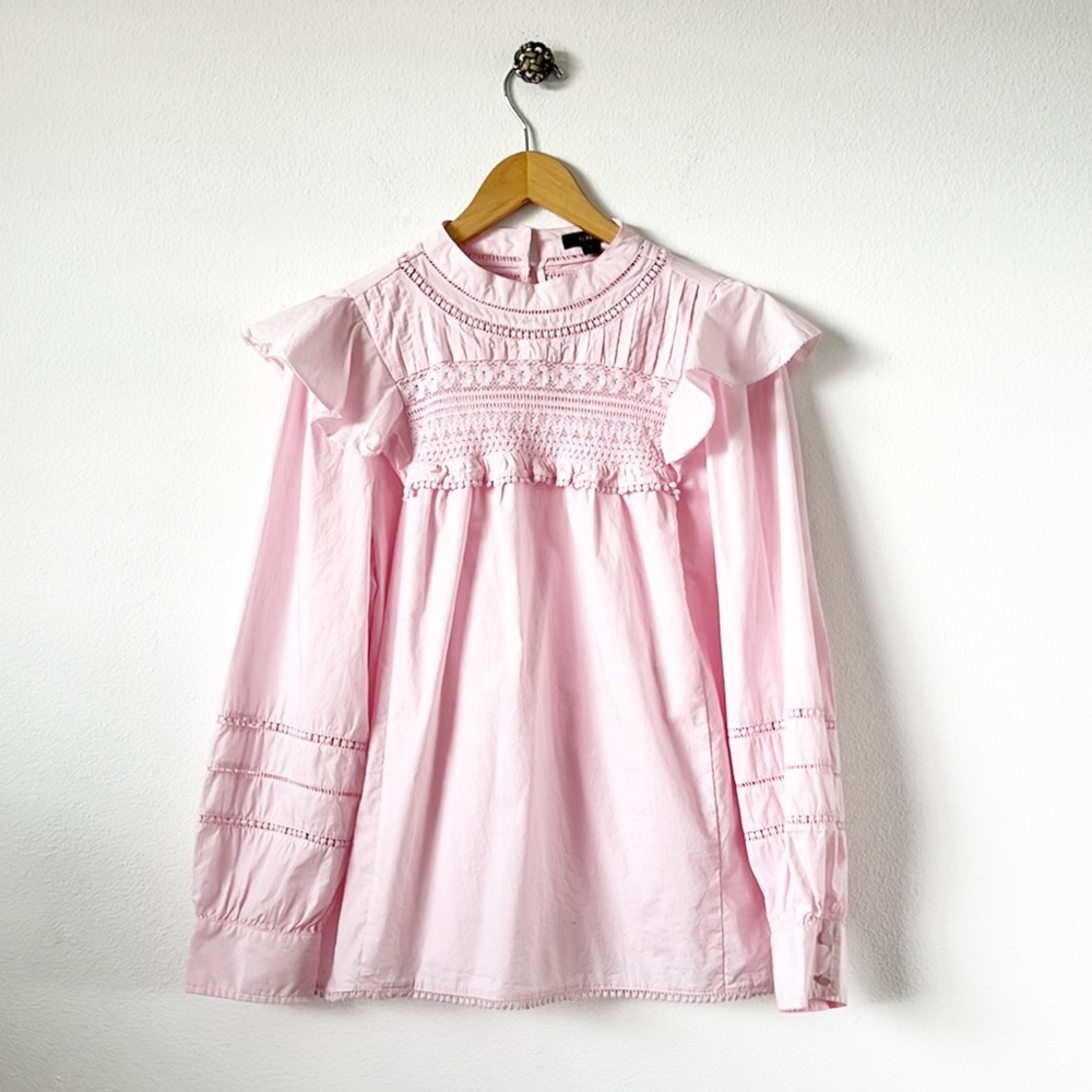 J Crew Women's Size Med Long Sleeve Pink Crocheted Lace Ruffle Top
